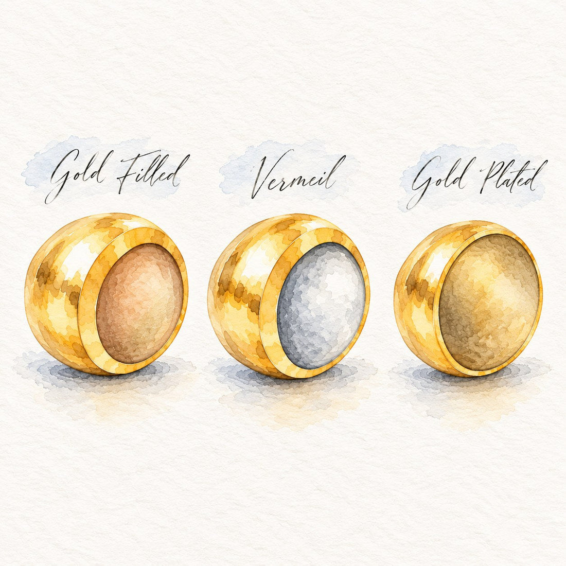 Watercolor of three gold beads cut open to show gold filled, vermeil and gold plated layers