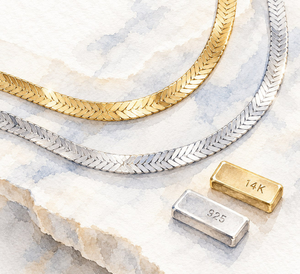 Watercolor of a gold and a silver herringbone chain with small 14K and 925 stamped bars