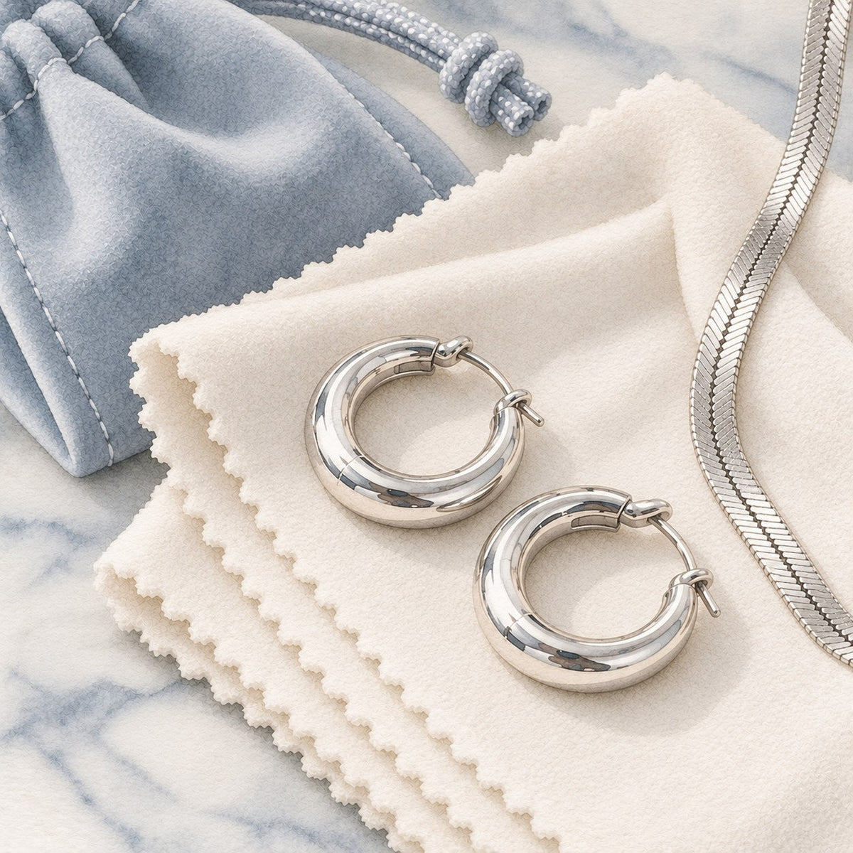 Sterling silver hoop earrings and herringbone chain on a soft polishing cloth with a blue jewelry pouch