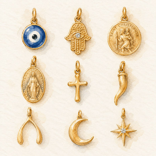Watercolor of gold charms: evil eye, hamsa, Saint Christopher, Mary, cross, horn, wishbone, moon and star
