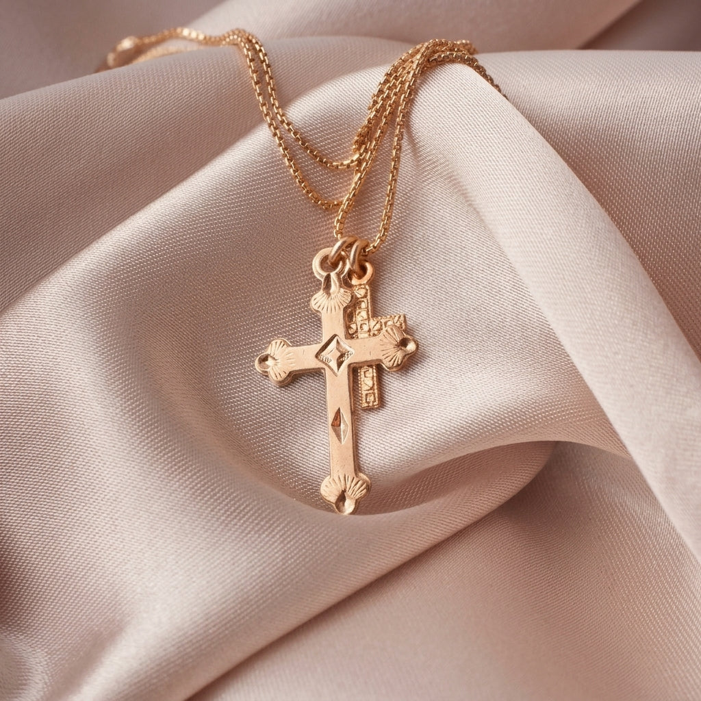 A gold cross pendant necklace with a small crucifix charm, displayed on draped champagne-colored satin fabric.