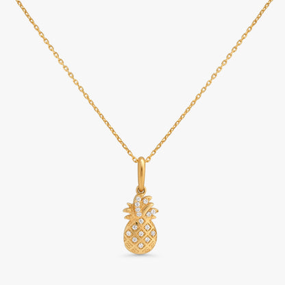 Alba Pineapple Necklace in 14k solid gold with crystal paved charm on white background