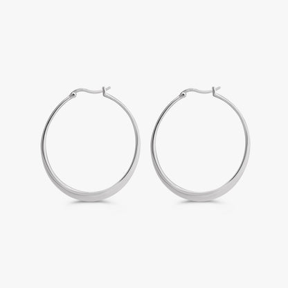 A pair of polished silver hoop earrings with a flat, wide band and secure clasp backings, shown against a clean, light gray background.