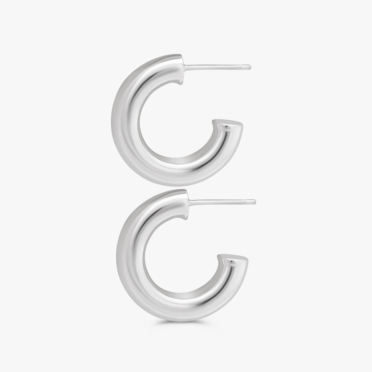 A pair of polished sterling silver hoop earrings with a flat post back, shown on a clean, light gray background.