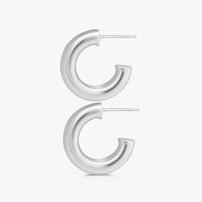 A pair of polished sterling silver hoop earrings with a flat post back, shown on a clean, light gray background.