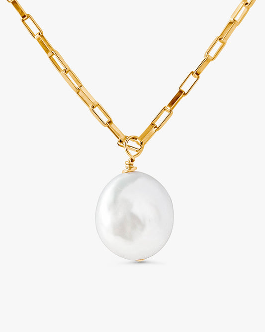 Liva Coin Pearl Necklace in 14k gold filled drawn cable box chain with flat coin pearl pendant on white background