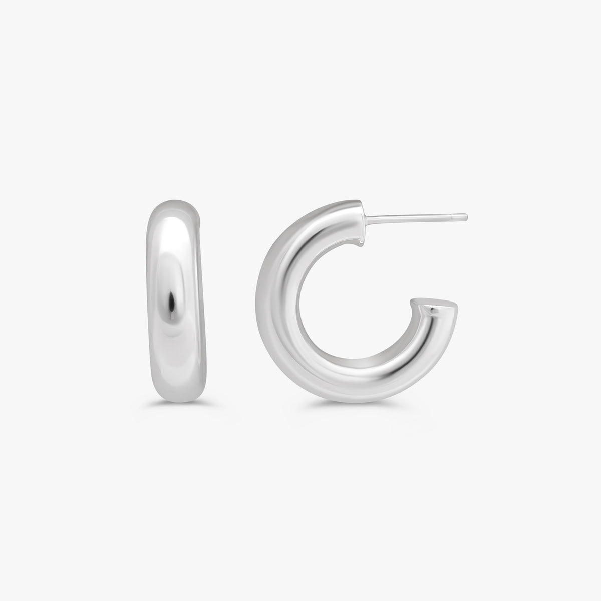 A pair of polished sterling silver hoop earrings, one shown from a front-facing perspective and the other from a side profile showing the post, on a light gray background.