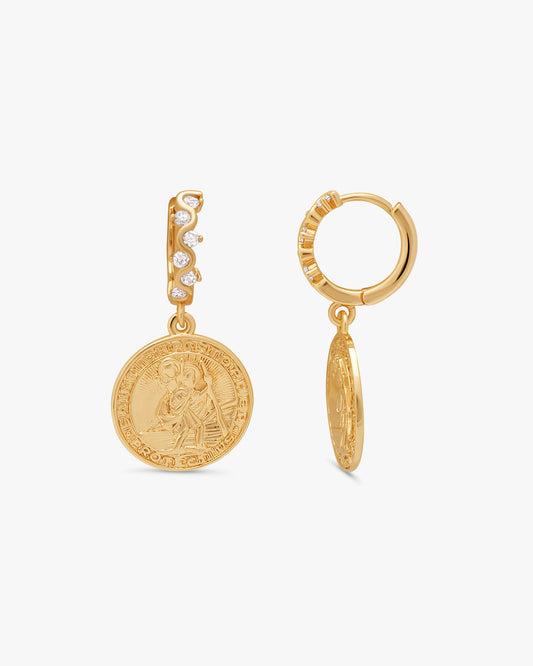 Pair of women's 14k Gold Plated Hallow Saint Christopher Hoops featuring round coin medal drop charms.