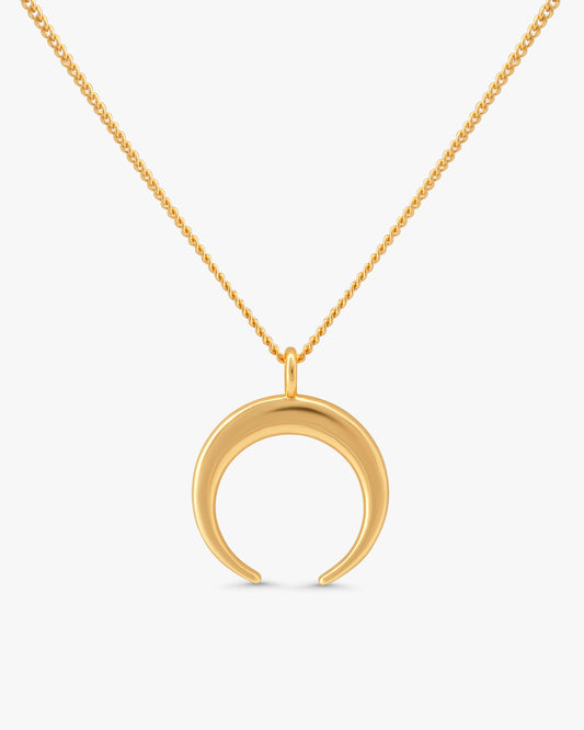 Ro Horn 14k gold filled necklace with a double horn pendant on a satellite bead chain, on a light gray background