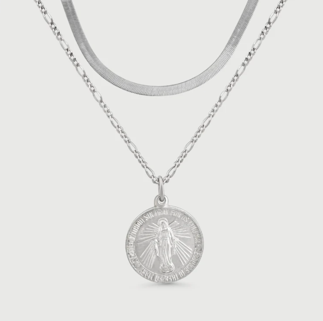 Gioia 925 sterling silver necklace set featuring herringbone chain and Mary medallion pendant