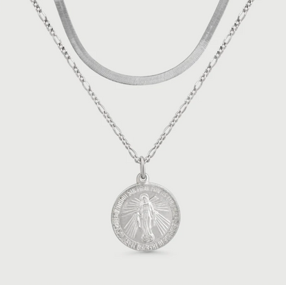 Gioia 925 sterling silver necklace set featuring herringbone chain and Mary medallion pendant