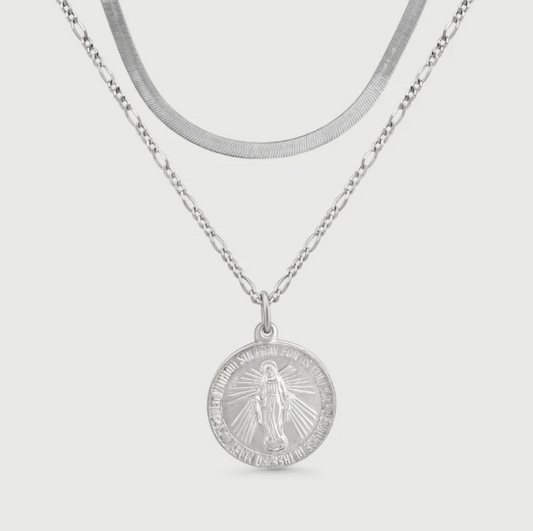 Gioia 925 sterling silver necklace set featuring herringbone chain and Mary medallion pendant