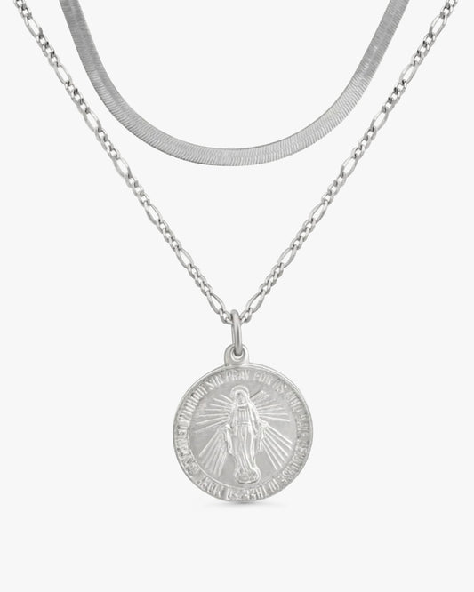 Gioia_925_sterling_silver_necklace_set_featuring_herringbone_chain_and_Mary_medallion_pendant