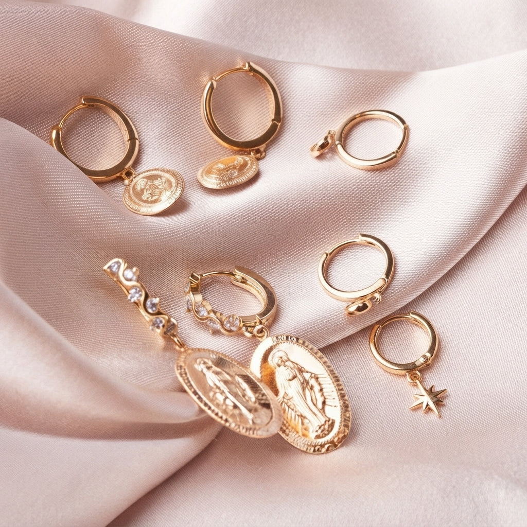 A set of gold-toned hoop earrings with various charms, including religious medallions, a star, and a rhinestone bar, arranged on a draped light pink satin fabric.