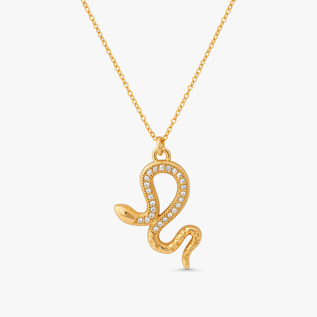 Jolie Snake Necklace in 14k gold filled metal with paved crystal serpent pendant on white background