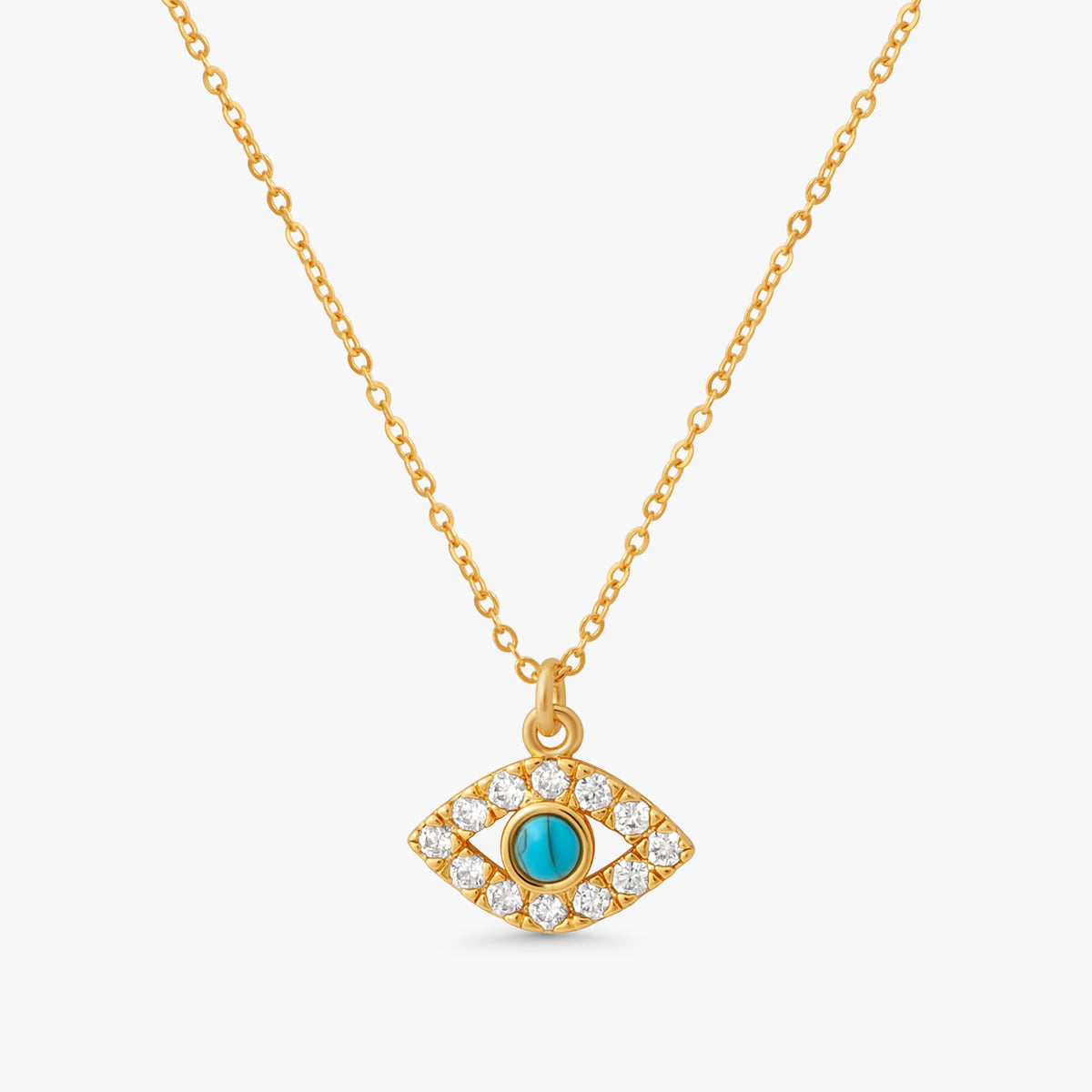 Liora Evil Eye Necklace in 14k gold plated metal with turquoise center and crystal paved pendant on white background