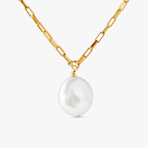 Liva Coin Pearl Necklace in 14k gold filled drawn cable box chain with flat coin pearl pendant on white background