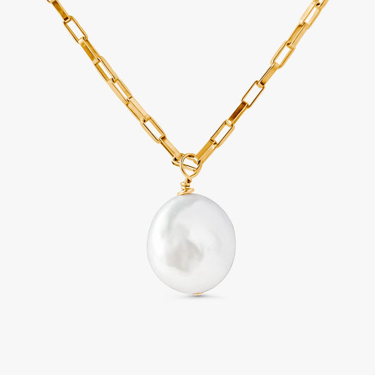 Liva Coin Pearl Necklace in 14k gold filled drawn cable box chain with flat coin pearl pendant on white background