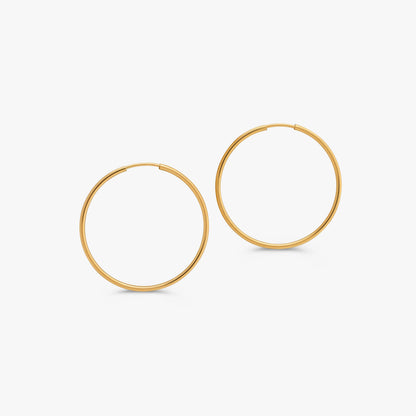 A pair of thin gold hoop earrings shown on a clean, light gray background.