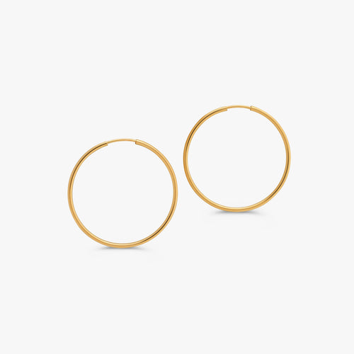 A pair of thin gold hoop earrings shown on a clean, light gray background.