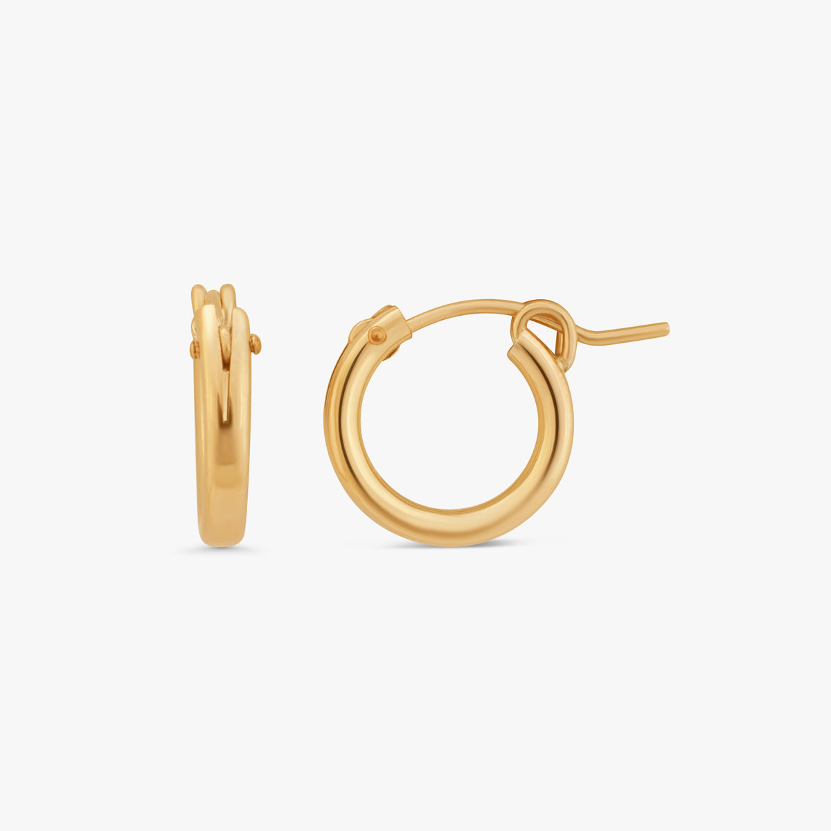 A pair of polished gold hoop earrings shown on a clean, light gray background, displaying both a side profile and a front-three-quarter profile.