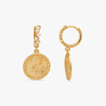 Pair of women's 14k Gold Plated Hallow Saint Christopher Hoops featuring round coin medal drop charms.