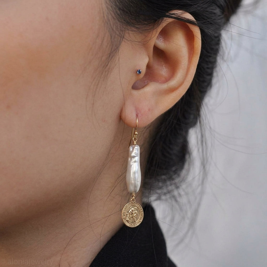 Lucie Saint Christopher Pearl Drop Earrings