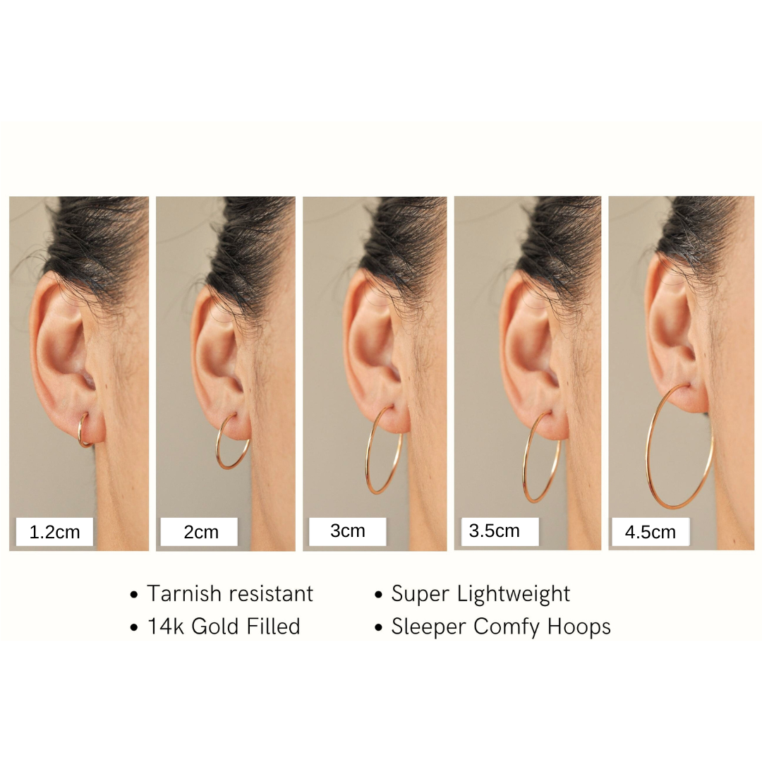 Size comparison chart of 14k gold filled Nia sleeper hoop earrings on ears