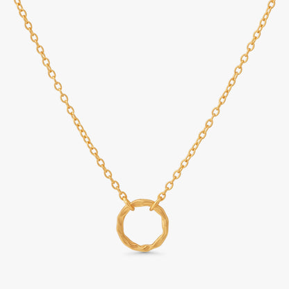 A delicate gold chain necklace featuring a textured, open circular pendant, displayed against a clean white background.