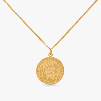 A gold coin pendant necklace featuring an engraved Saint George medallion, suspended from a delicate gold chain against a clean white background.