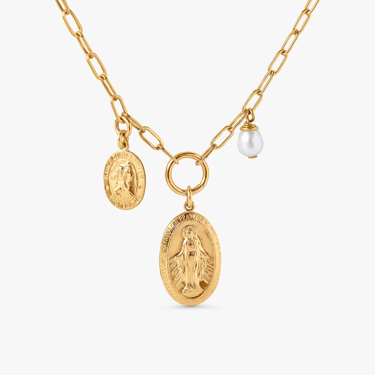Zoya Mary Saint Christopher 14k gold-filled paperclip chain necklace with Virgin Mary, Saint Christopher medallions, and pearl charm on white background.