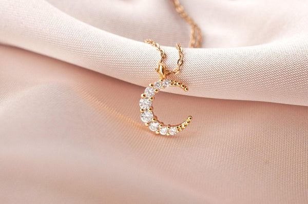Dainty Crescent Moon Necklace: Gold Filled, Cubic Zirconia Charm