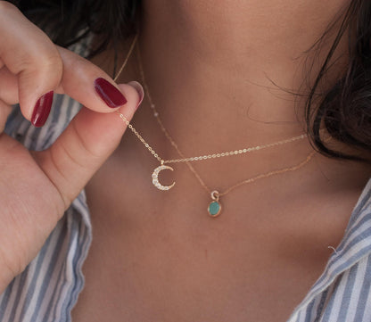 Dainty Crescent Moon Necklace: Gold Filled, Cubic Zirconia Charm