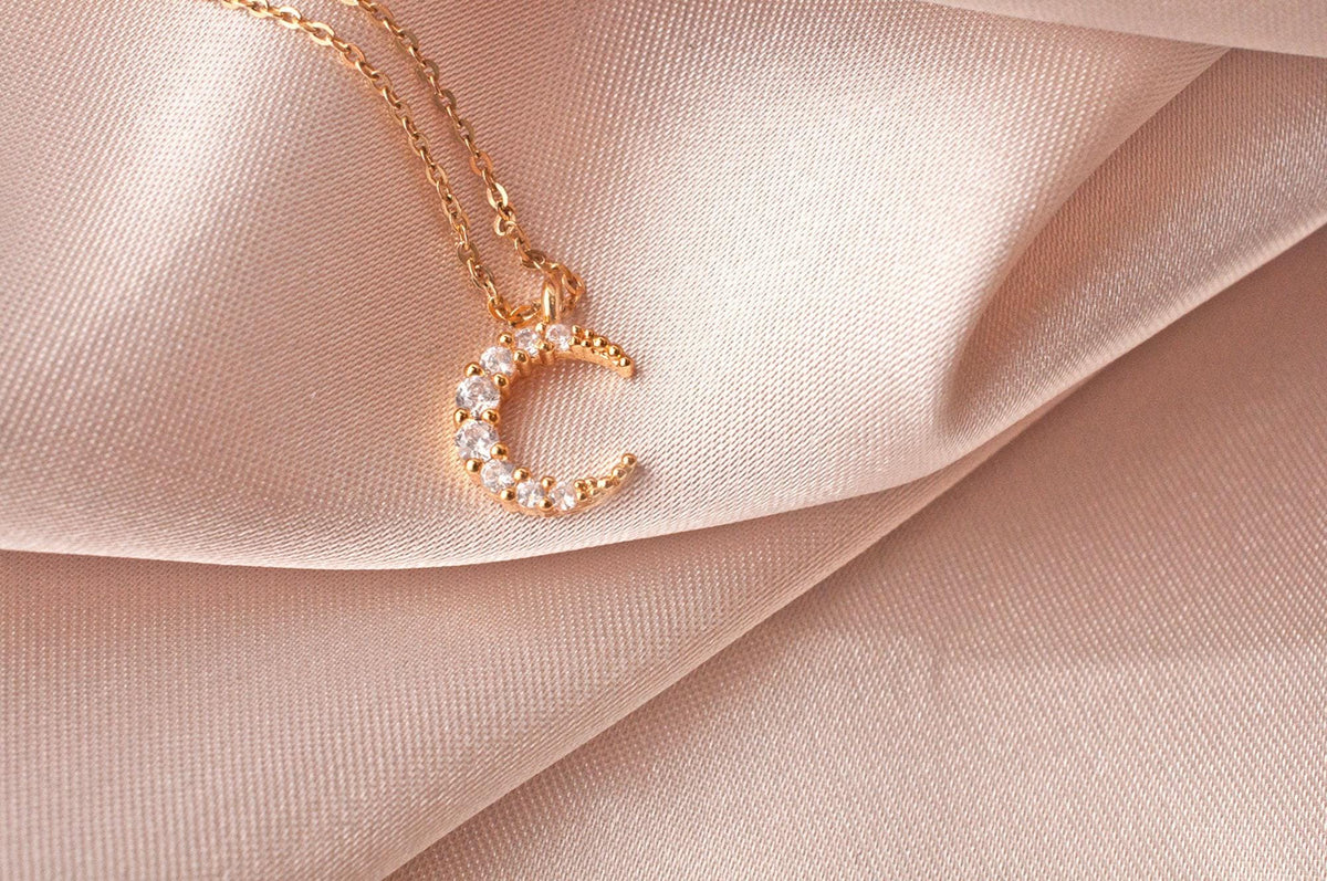 Dainty Crescent Moon Necklace: Gold Filled, Cubic Zirconia Charm