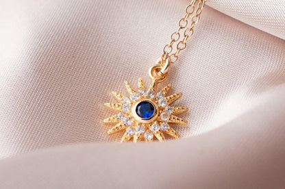 Gold Sunburst Necklace: Blue Starburst Center, 14K Gold Filled Chain