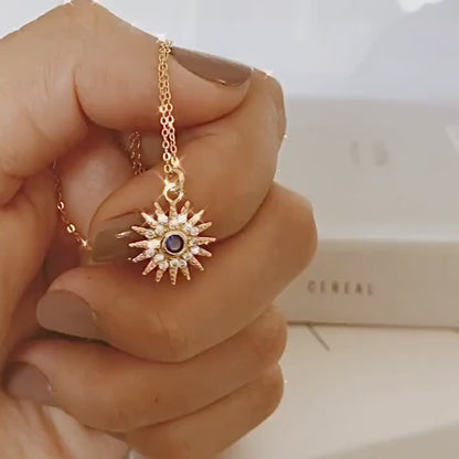 Gold Sunburst Necklace: Blue Starburst Center, 14K Gold Filled Chain