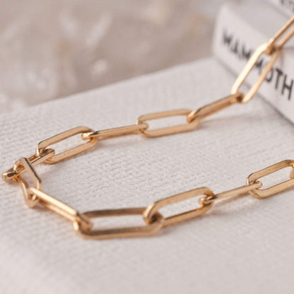 Close-up of Auri Saint Christopher 14k gold filled paperclip chain links on neutral background