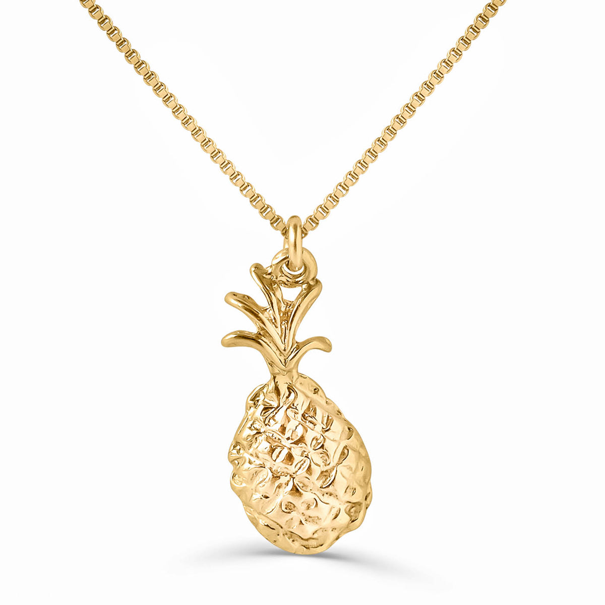 Copia Pineapple Goddess 14k gold filled necklace displayed flat with pineapple pendant centered on white background