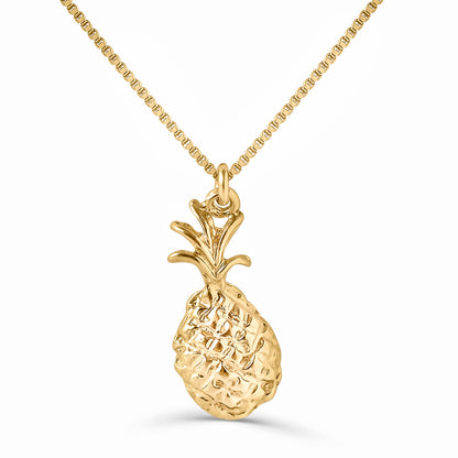 Copia Pineapple Goddess 14k gold filled necklace displayed flat with pineapple pendant centered on white background