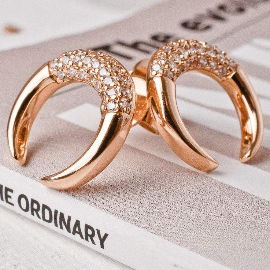 Pair of Bravi Double Horn 14k gold plated stud earrings displayed on book page