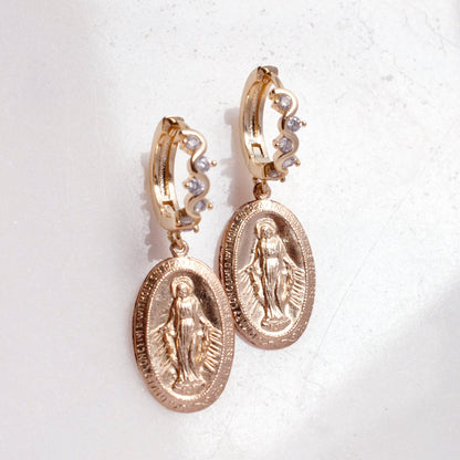 Pair of women's 14k Gold Filled Amara Mary Hoops displayed flat on a white surface.
