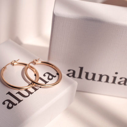 Pair of women's 14k Gold Filled Zola Hoop Earrings displayed on white branded packaging box.