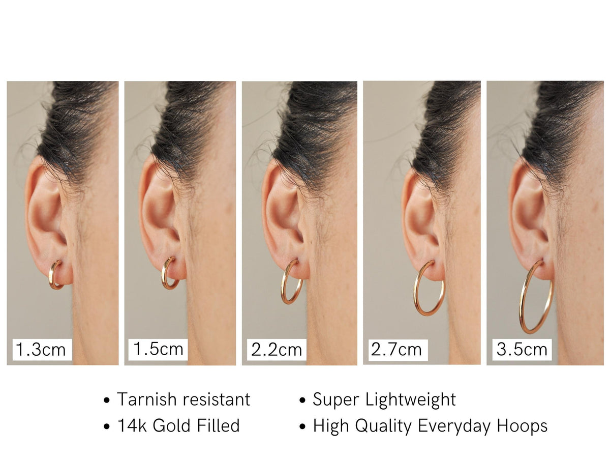 Size comparison chart showing a woman wearing various sizes of 14k Gold Filled Zola Hoop Earrings.