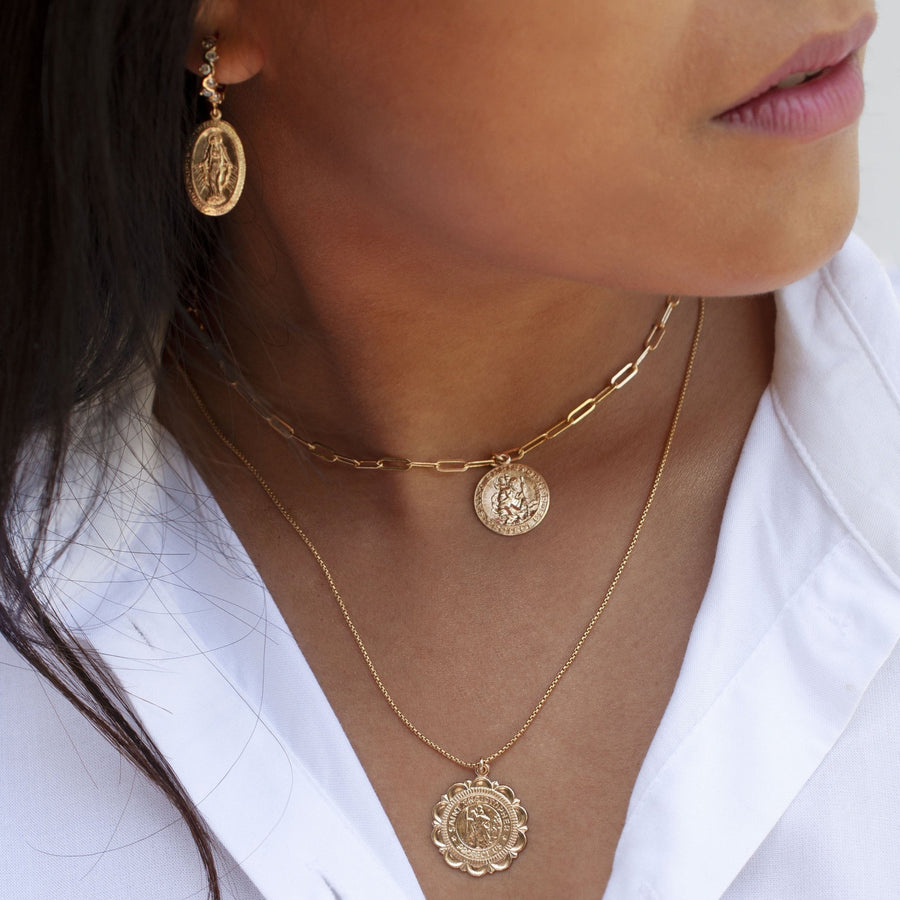 Saint Christopher Necklace with Thick Paperclip Chain