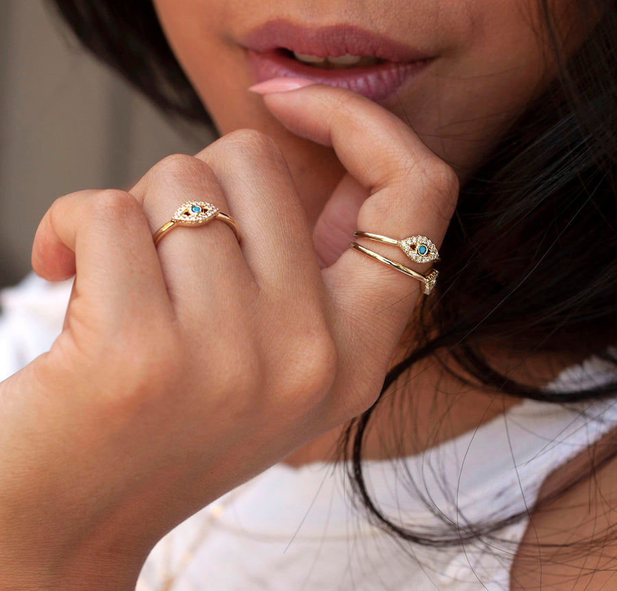 Genuine Turquoise Moissanite Evil Eye Ring in Solid Gold
