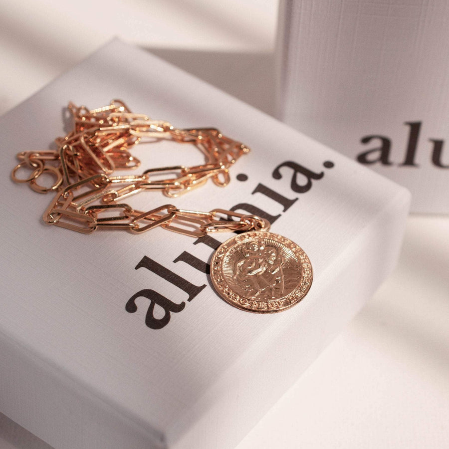 Saint Christopher Necklace with Thick Paperclip Chain